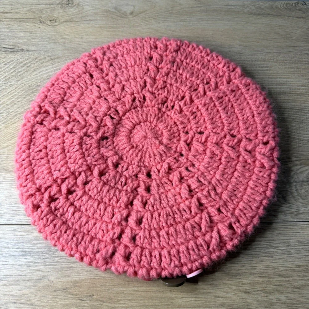 OshKosh B'Gosh Pink Crochet Knit Beret French Style Button Heart Flower Girl Hat